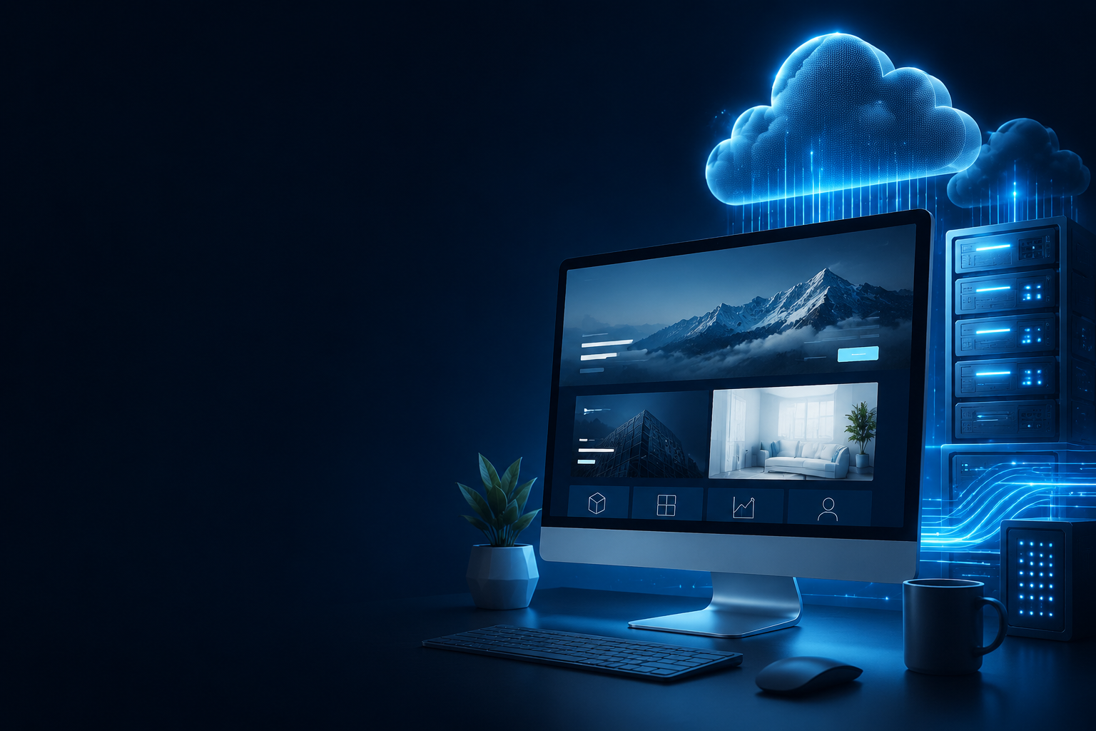 A modern website workspace connected to cloud hosting infrastructure